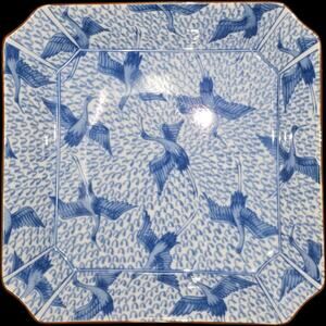 Vintage Japanese Arita Porcelain Square Bowl – Flying Crane Pattern Blue & White